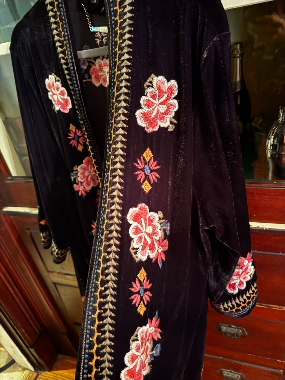 Embroidered Velvet Duster Jacket in Deep Black with Pink Florals